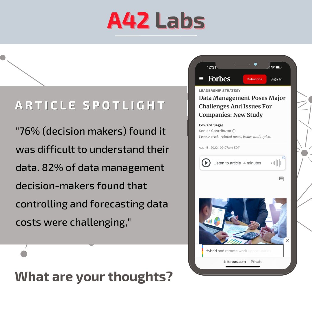 76% of decision makers are finding challenges in understanding their data (and all the benefit they can reap from it). A42 Labs is here to help!

Full article: ow.ly/ANs350KnMTC

#ai #datascience #bigdata #mlops #datamanagement

a42labs.io
