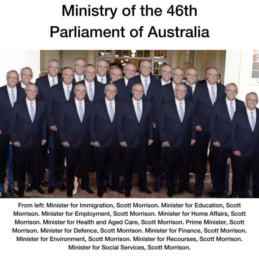 akaWACA's tweet photo. 5 Minister portfolios. In secret! Get fucked! Resign dickhead #auspol #scomo https://t.co/CDlkt8T2bM