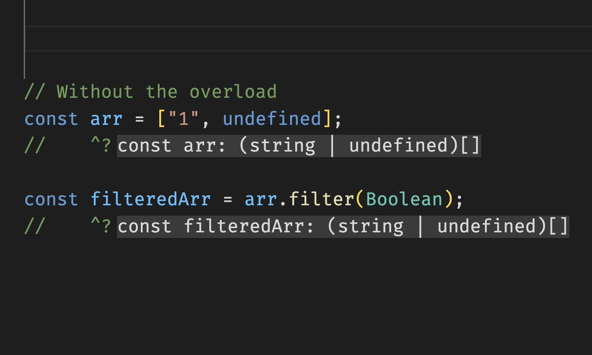mattpocockuk's tweet image. Well that&apos;s badass.

Declaring a new overload for Array&amp;lt;T&amp;gt; lets you pass Boolean and filter out members of the array without using a type predicate.
