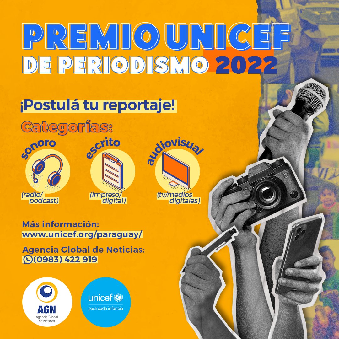 📢 Ya están abiertas las postulaciones al Premio Unicef de Periodismo - 2022 📢
🔹Podés participar en una de las 3 categorías disponibles.
➡️ Bases y condiciones en 👉🏽 unicef.org/paraguay/premi…
¡Retwittea! 👌🏼 
<a href="/UNICEFParaguay/">UNICEF Paraguay</a> <a href="/globalinfancia/">Global Infancia</a> 
#periodismo #Unicef #niñez #periodismo