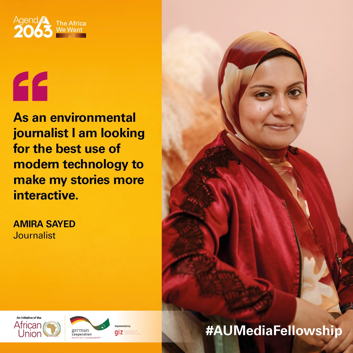 Proud to present @AmiraSa24441424, #AUMediaFellow from Egypt with a focus on environmental matters. Stay tuned for her stories on this vital #Agenda2063 theme and the #AUMediaFellowship!
#FellowFriday @African_Union @AfricanUnion