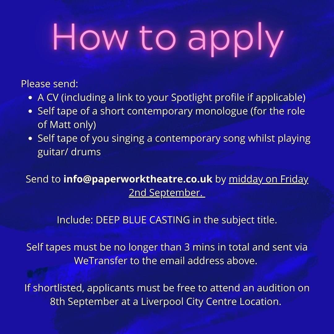 Paperwork Theatre (@paperworkt) on Twitter photo We're looking for 2 actor-musicians for our production of #DEEPBLUE produced for the Liverpool Everyman Theatre main stage this autumn.
Rehearsals 26th Sept-14th Oct
Tech & show 17th-22nd Oct
Fee: equity minimum #gigtheatre #newwriting #castingcall #actormusician <a href="/LivEveryPlay/">Liverpool Everyman & Playhouse theatres</a> We're looking for 2 actor-musicians for our production of #DEEPBLUE produced for the Liverpool Everyman Theatre main stage this autumn.
Rehearsals 26th Sept-14th Oct
Tech & show 17th-22nd Oct
Fee: equity minimum #gigtheatre #newwriting #castingcall #actormusician <a href="/LivEveryPlay/">Liverpool Everyman & Playhouse theatres</a>