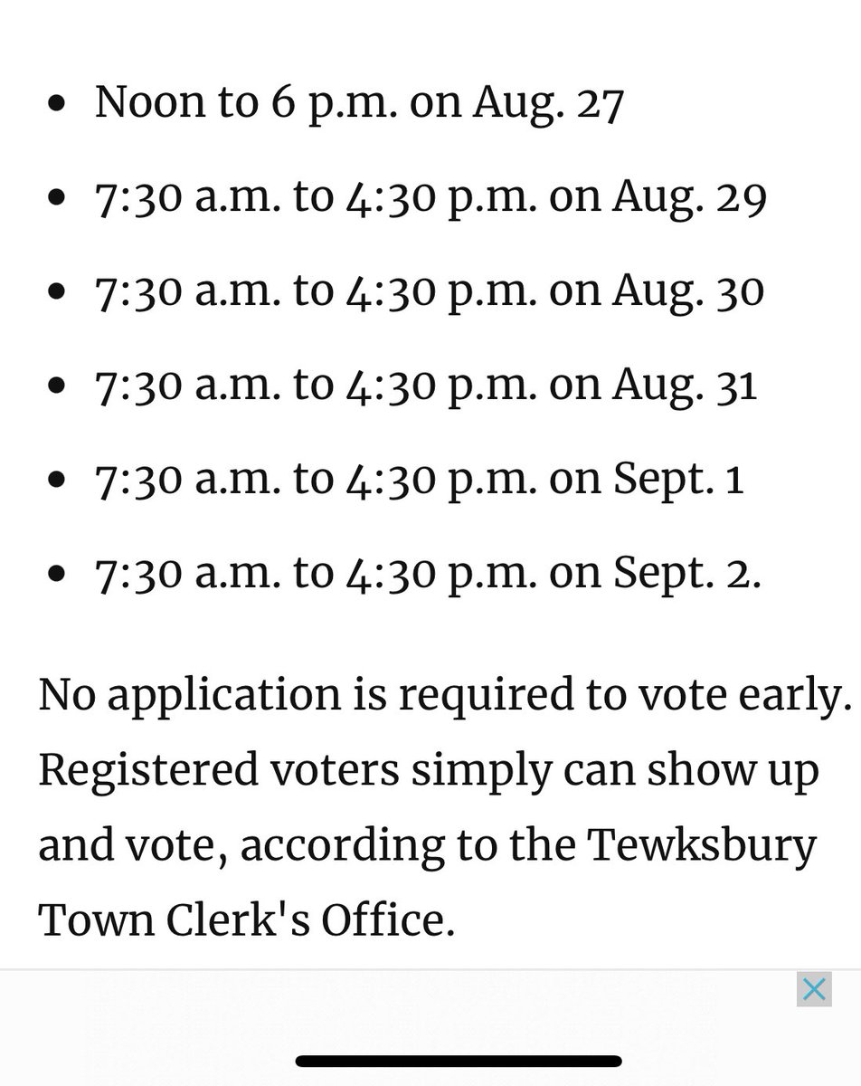 ProgressiveTew1's tweet photo. Early in person voting dates for registered Tewksbury voters. Vote early for the September 6 primary! #tewksbury #vote https://t.co/WdOzndi23V