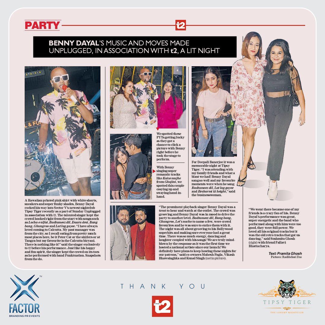 xfactor_events's tweet photo. @bennydayalofficial live at @tipsytigerindia gets featured in @t2telegraph 

Thank you @smita_rcee @pramita.t2 for the lovely feature!

#xfactorbrandingprevents #XperienceTheXtraordinary #prstories #branding #marketing #advertising #brandstrategy #mediacommunication https://t.co/Tqvda3fljG