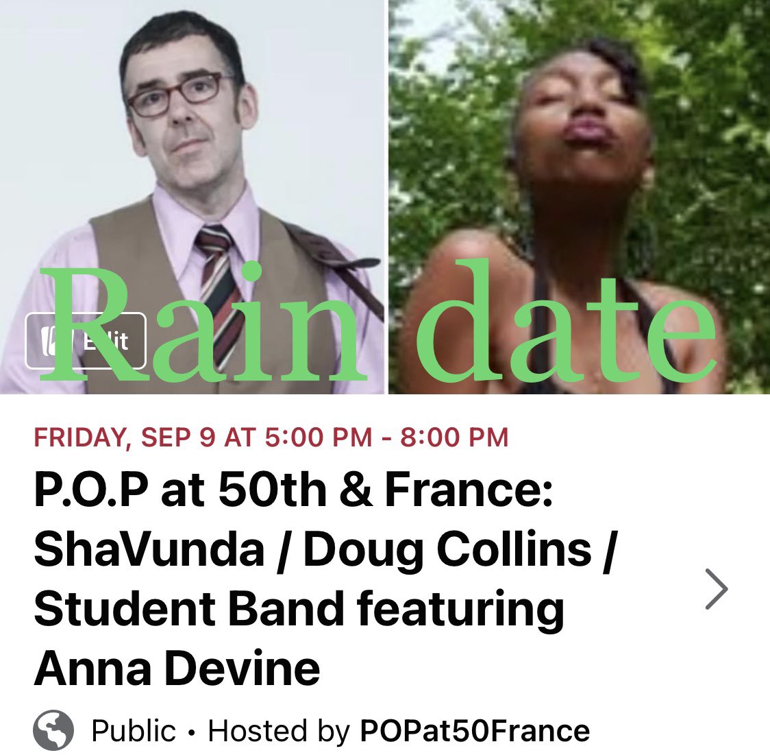 Making the call now because it’s not looking good.

Due to heavy rain forecast todays  show POPat50France with complete lineup) has been postponed to Friday, Sept 9.