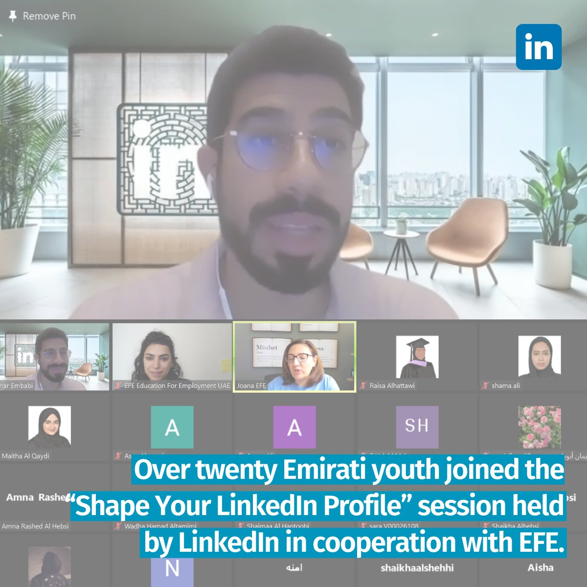 Over twenty Emirati youth joined the “Shape Your LinkedIn Profile” session held by <a href="/LinkedIn/">LinkedIn</a> in partnership with EFE! Students learned how to create profiles, update them, apply for jobs, and connect with others on LinkedIn. One of the many online series delivered with LinkedIn!
