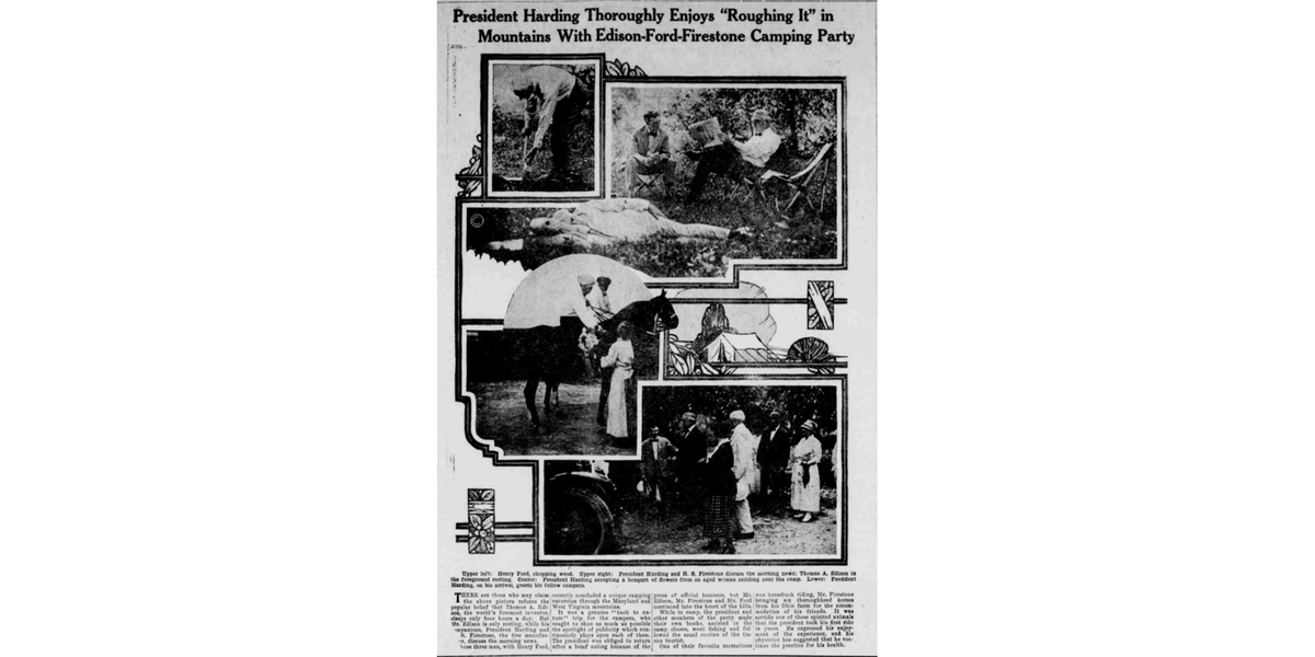 DigMichNews's tweet photo. Here are some pics from that time #PresidentHarding, #HenryFord, #HarveyFirestone, and #ThomasEdison went #camping. Get the #smores ready with The Belding Banner-News! https://t.co/zX2iubx8EU https://t.co/b9tWSs4eoA