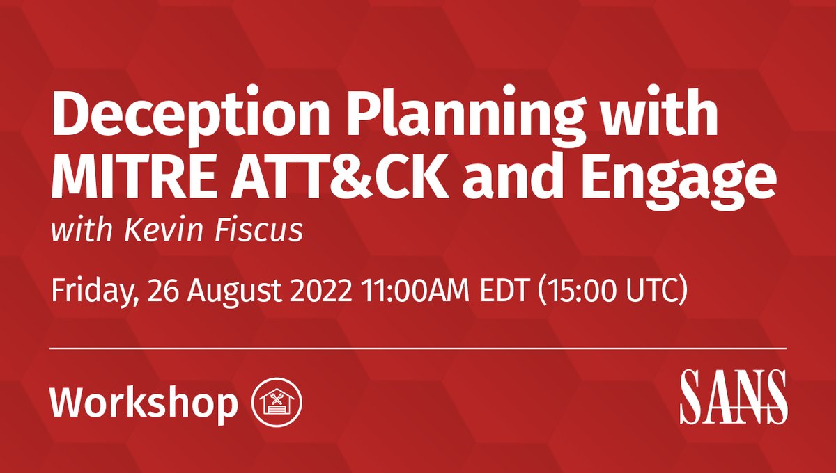 SANSOffensive's tweet photo. 🚨 FREE HANDS-ON WORKSHOP 🚨
Put plans into action by implementing a deception plan with #MITREattack and #MITREengage, including 3 hands-on activities. Register now!
Space is limited: https://t.co/n78vY52rff #TakeBackTheAdvantage #SEC550 https://t.co/DSGTYiIDt3