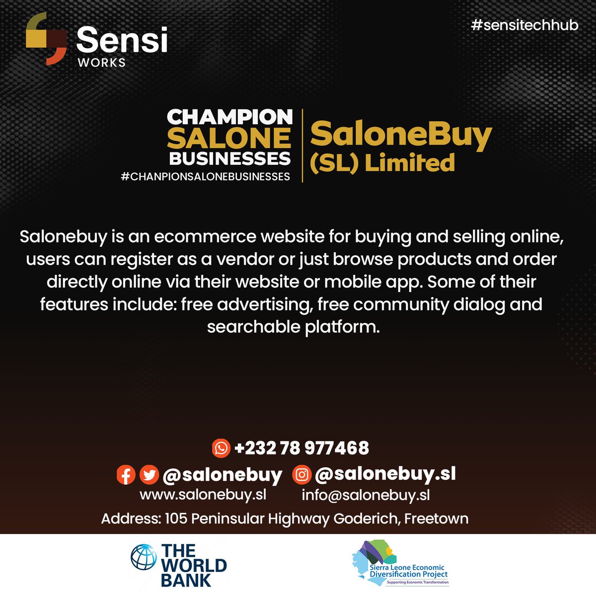 Salonebuy is an e-commerce website for buying and selling online, users can register as a vendor or just browse products and order directly online.

Check them out here: salonebuy.sl

#championsalonebusinesses #sensitechhubsl #entrepreneurship #business #worldbank
