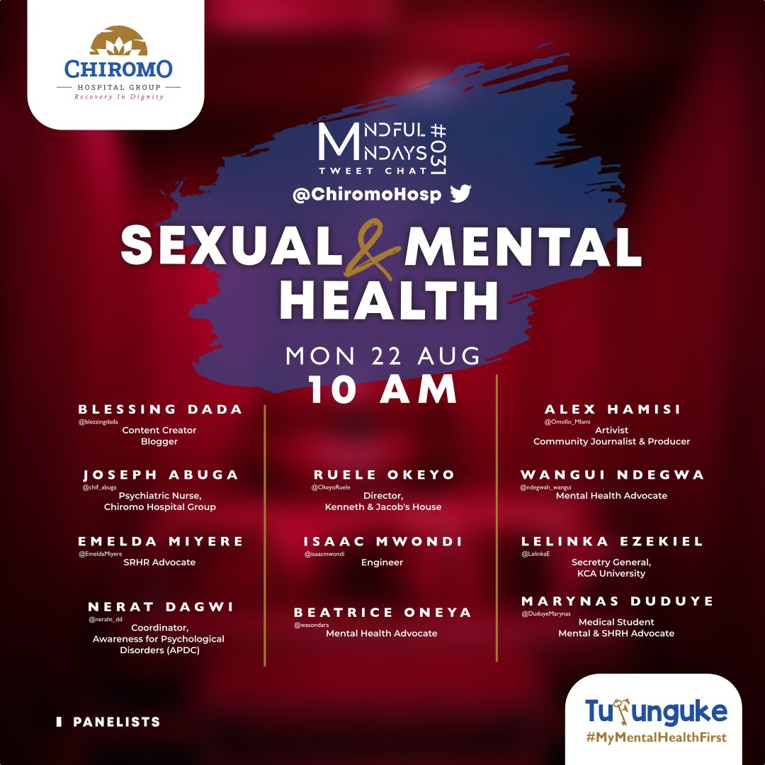 This is the 31st #MindfulMondays Tweetchat where we demystify #mentalhealth 

SEXUAL &amp; MENTAL HEALTH is the topic, on the panel we have: 
<a href="/wasondara/">Betty Oneya</a> <a href="/neraht_dd/">Mushu 🔥|God's BattleAxe</a> <a href="/EmeldaMiyere/">Ms. EMELDA MIYERE</a> <a href="/isaacmwondi/">Dr. Manhattan</a> @LelinkaE <a href="/Chif_abugah/">Abuga Joseph</a> <a href="/ndegwah_wangui/">Wangui Ndegwah💦⚡</a> <a href="/blezzingdada/">Blezzing Dada-BIPOC Irish Mental Health Activist</a> <a href="/DuduyeMarynas/">ilakoze_🌸</a> @Omollo_Mlami <a href="/OkeyoRuele/">Baba Zulu❤️</a>