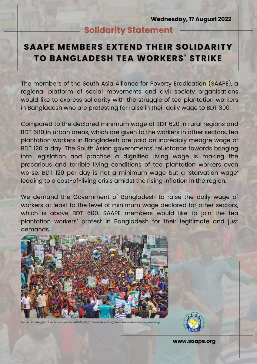 saape_network's tweet photo. SAAPE members extend their solidarity to the #Bangladesh tea workers' strike. #Solidarity #LivingWage #Tea  @hamidullah_riaz @LFofBangladesh @TeaBoard_BAN @DhakaTribune @dailystarnews https://t.co/kNP8u0Py0x