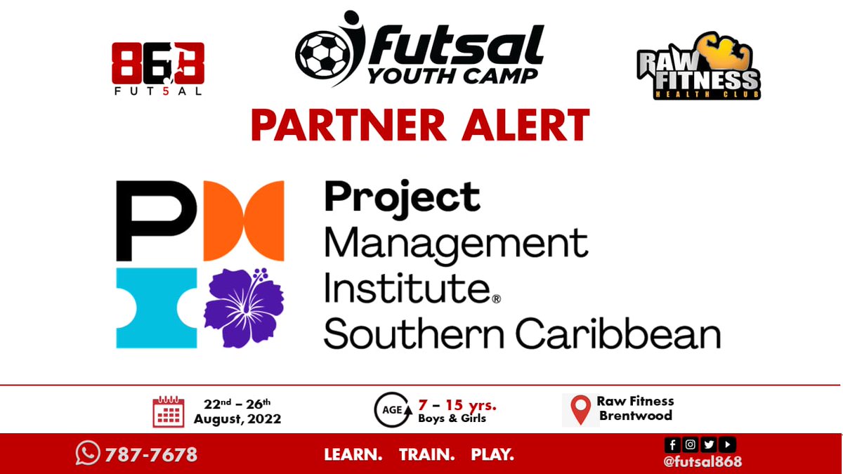 pmi_scc's tweet photo. Join us as we partner with the @Futsal868 to provide underprivileged kids with the opportunity to attend their Youth Camp.
The cost to sponsor a child is TT$100. If you’re interested in joining the cause, you can contact Futsal868 via WhatsApp @ 787-7678 or futsaltt@gmail.com. https://t.co/FtjEcolHEU