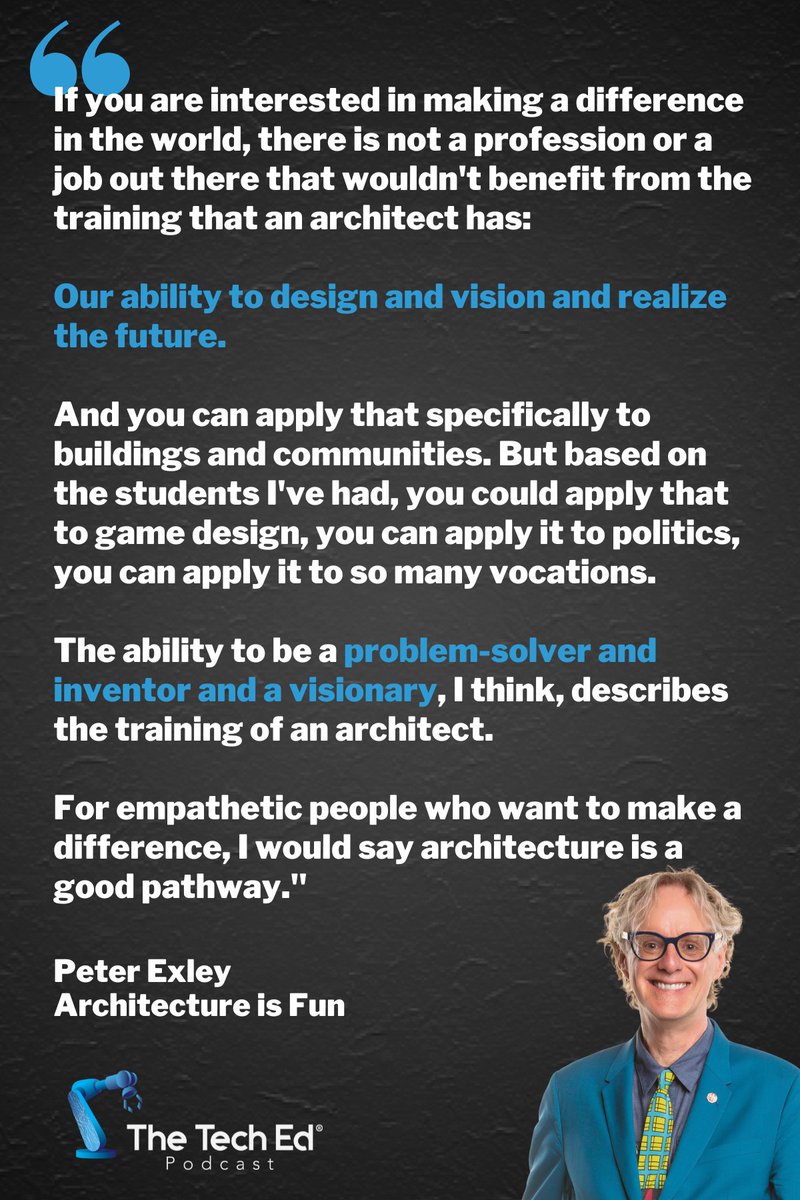 The TechEd Podcast (@teched_podcast) on Twitter photo Peter Exley puts it best: architects have an "ability to design and vision and realize the future."
Listen to our full conversation, full of insights like this: techedpodcast.com/architectureis…
#architecture #architect <a href="/funarchitect/">Peter Exley</a> Peter Exley puts it best: architects have an "ability to design and vision and realize the future."
Listen to our full conversation, full of insights like this: techedpodcast.com/architectureis…
#architecture #architect <a href="/funarchitect/">Peter Exley</a>