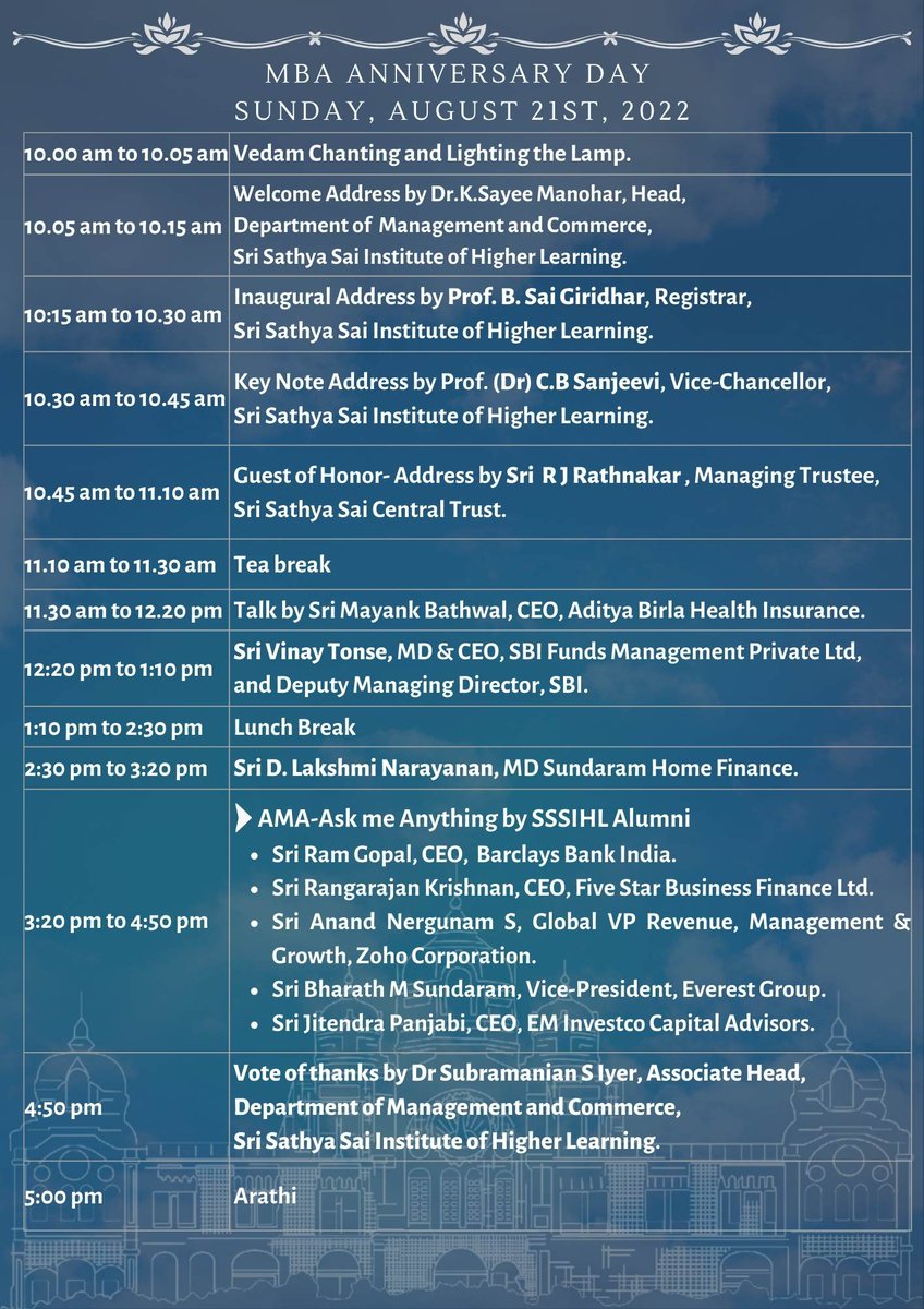 SSSIHL's tweet photo. The Dept. of Management & Commerce invites you to #MBADay @ 10 am 21 Aug 2022. Listen to distinguished industry leaders speak on Stealth Leadership-A Model Towards #SelflessLeadership Teaser:https://t.co/JaCxvzJ0Po
Morning:https://t.co/U0p8V3icw3
Afternoon:https://t.co/EkspWwohfJ https://t.co/fUTDk0BjvH