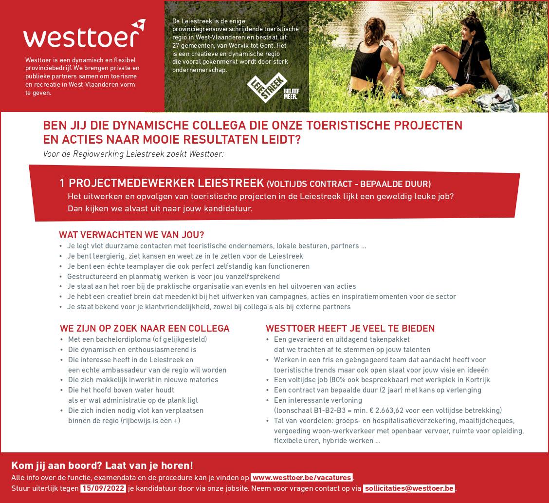 Westtoer's tweet photo. ๐ฃ Na een welverdiend verlof helemaal klaar voor een nieuwe #uitdaging? ๐Wij hebben er 2!
@Westtoer zoekt een ondernemende netwerker voor @dekust รฉn we kijken ook uit naar een enthousiaste #projectmedewerker voor de @Leiestreek!
#solliciteren via https://t.co/TCPemblS0g https://t.co/iEc6HUlM5v