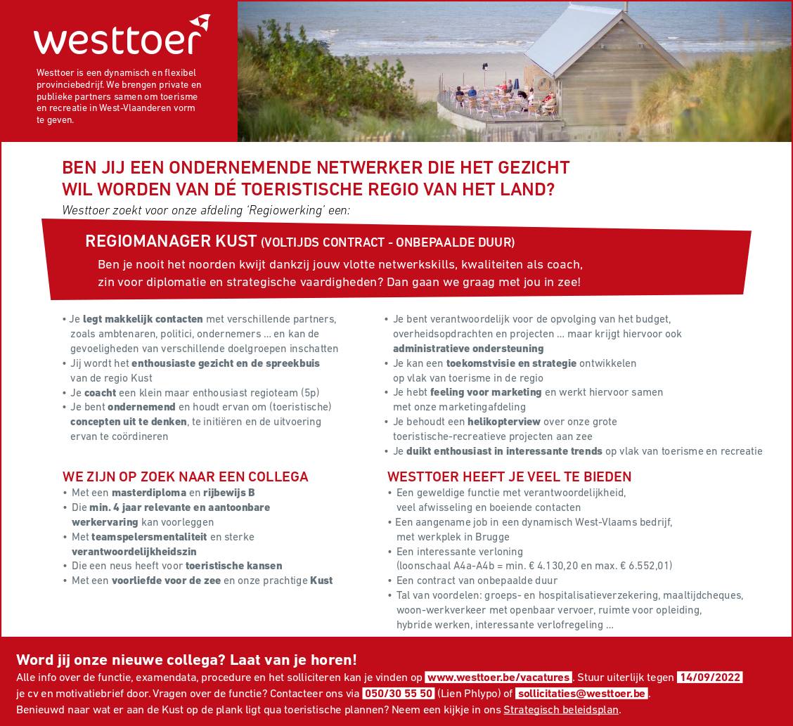Westtoer's tweet photo. ๐ฃ Na een welverdiend verlof helemaal klaar voor een nieuwe #uitdaging? ๐Wij hebben er 2!
@Westtoer zoekt een ondernemende netwerker voor @dekust รฉn we kijken ook uit naar een enthousiaste #projectmedewerker voor de @Leiestreek!
#solliciteren via https://t.co/TCPemblS0g https://t.co/iEc6HUlM5v