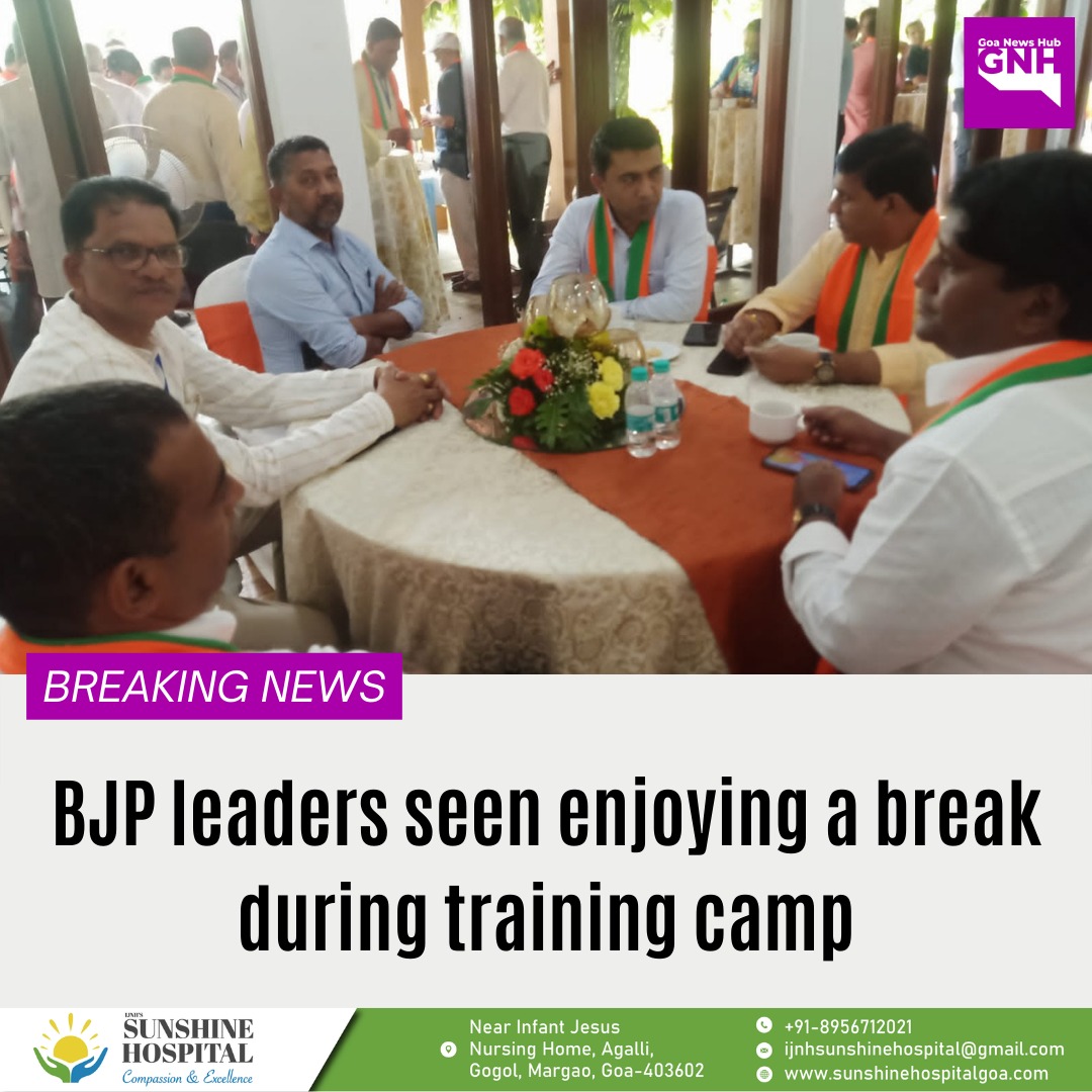 goanewshub's tweet photo. #Vishram|| BJP leaders including CM Dr Pramod Sawant, MLAs Daji Salkar, Ulhas Tuenkar, former minister Milind Naik, spokesman Urfan Mulla and others seen during the break. All the leaders are attending 3 day long training camp atDiwar. 
@DrPramodPSawant @DajiSalkar @mulla_urfan https://t.co/MLxq62owsK
