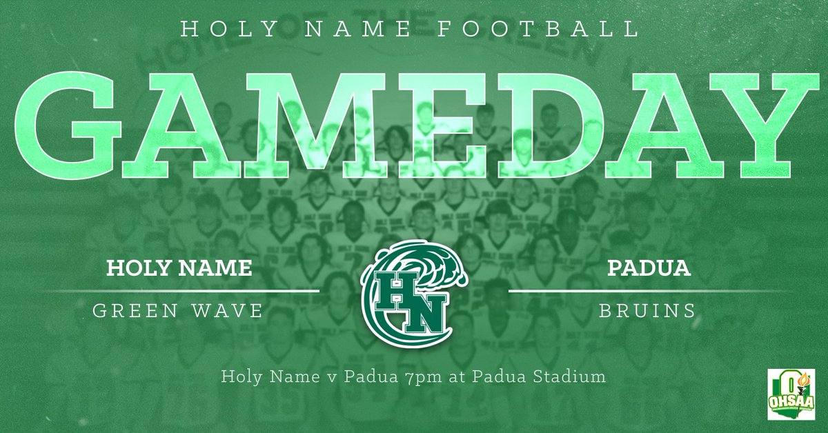 Game Day! <a href="/NamerFootball/">Holy Name Football</a> travels across town to take on Padua this evening at 7pm. 
Tickets: paduabruins.com/box-office/
Watch: Padua Bruin Sports YouTube Channel
Let’s Go Green Wave! #NamerPride #AllHail <a href="/HNGreenwave/">Holy Name High School</a>