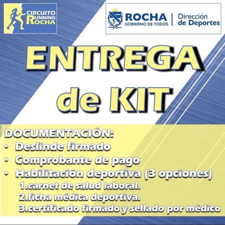 DireccindeDepo5's tweet photo. ENTREGAS de KITS en ROCHA:

> Estaremos inscribiendo y entregando kits de carrera en el Polideportivo de Rocha, en Av. Luis A. de Herrera esq. Av. Gral Seregni.

VIERNES 19/AGO de 17hs a 21:00hs SABADO 20/AGO de 11hs a 14:30hs https://t.co/Ra5ScnylXV