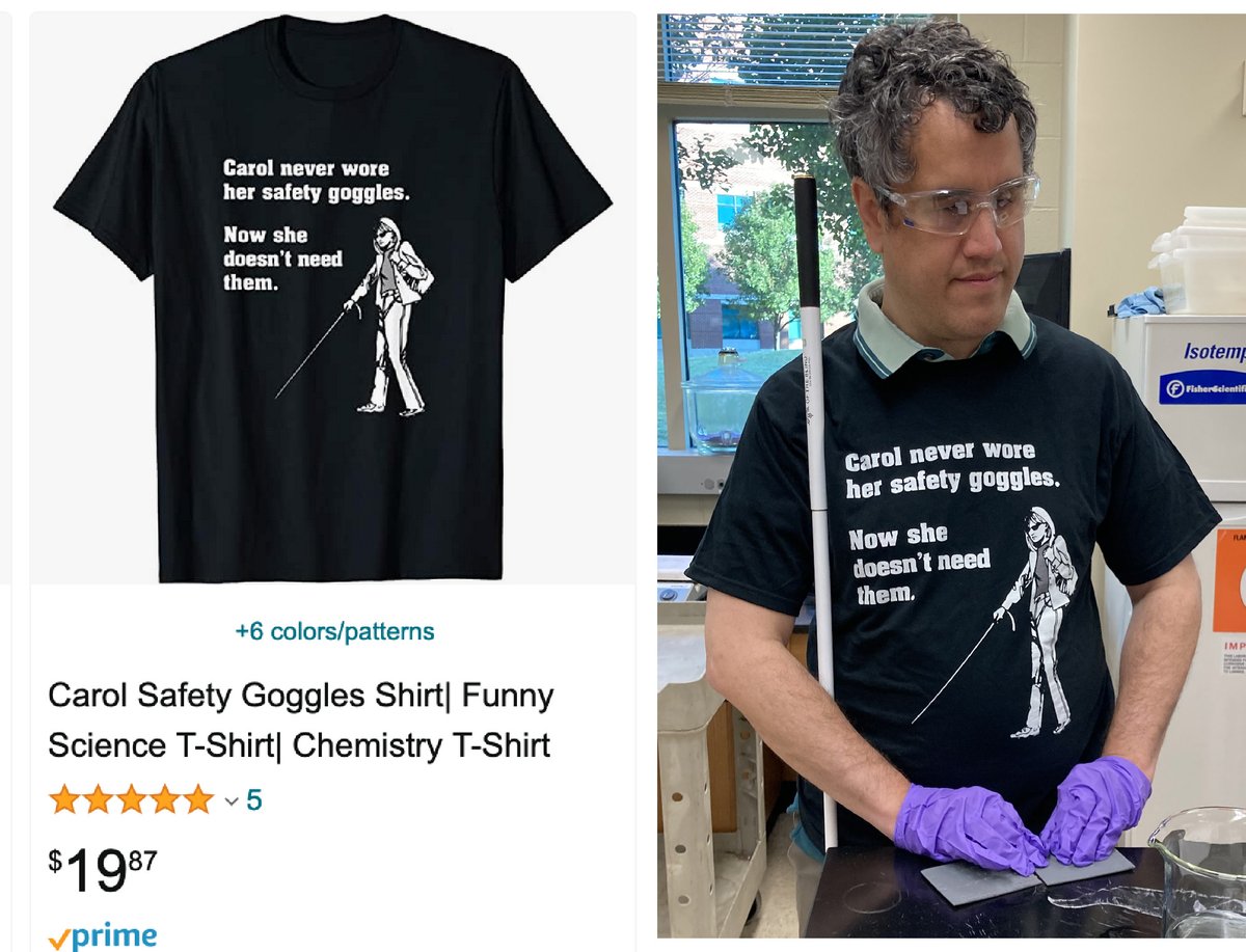 Not 'Funny' symbols of ableism still for sale on Amazon (as of this morning)!! Dr. Supalo wearing it in my lab. We published a few pics here: science.org/doi/10.1126/sc… @DisabledStem @DisInHigherEd @AmerChemSociety #chemistry