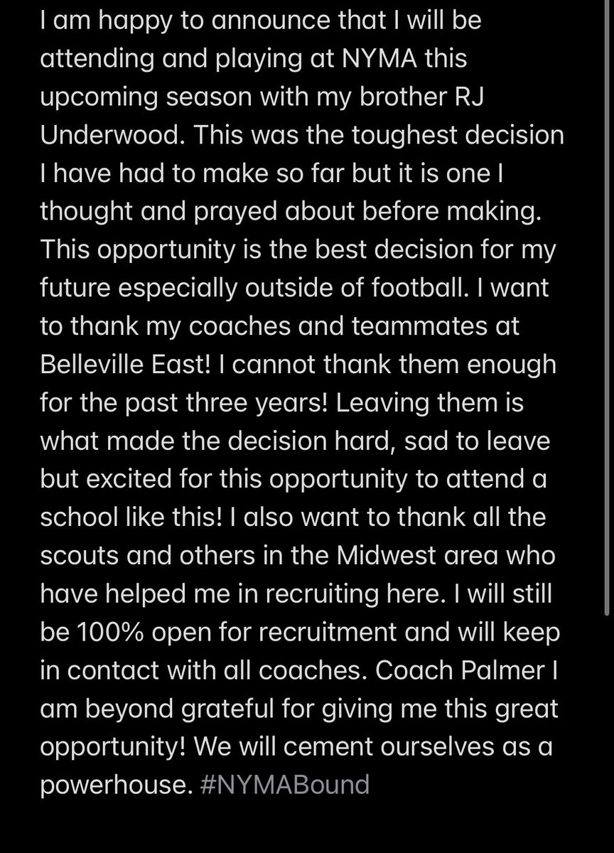 johnunderwood90's tweet photo. Thank you everyone for everything. Coaches, Teammates, and Midwest scouts! I owe everything to you guys. Excited for this opportunity! New York, I’m coming. @Ballerwalk_Quis @nymafootball @BELancerFB @DeepDishFB @JPRockMO @EDGYTIM @PrepRedzoneIL @PrepRedzoneNY https://t.co/5IqkMCJLro
