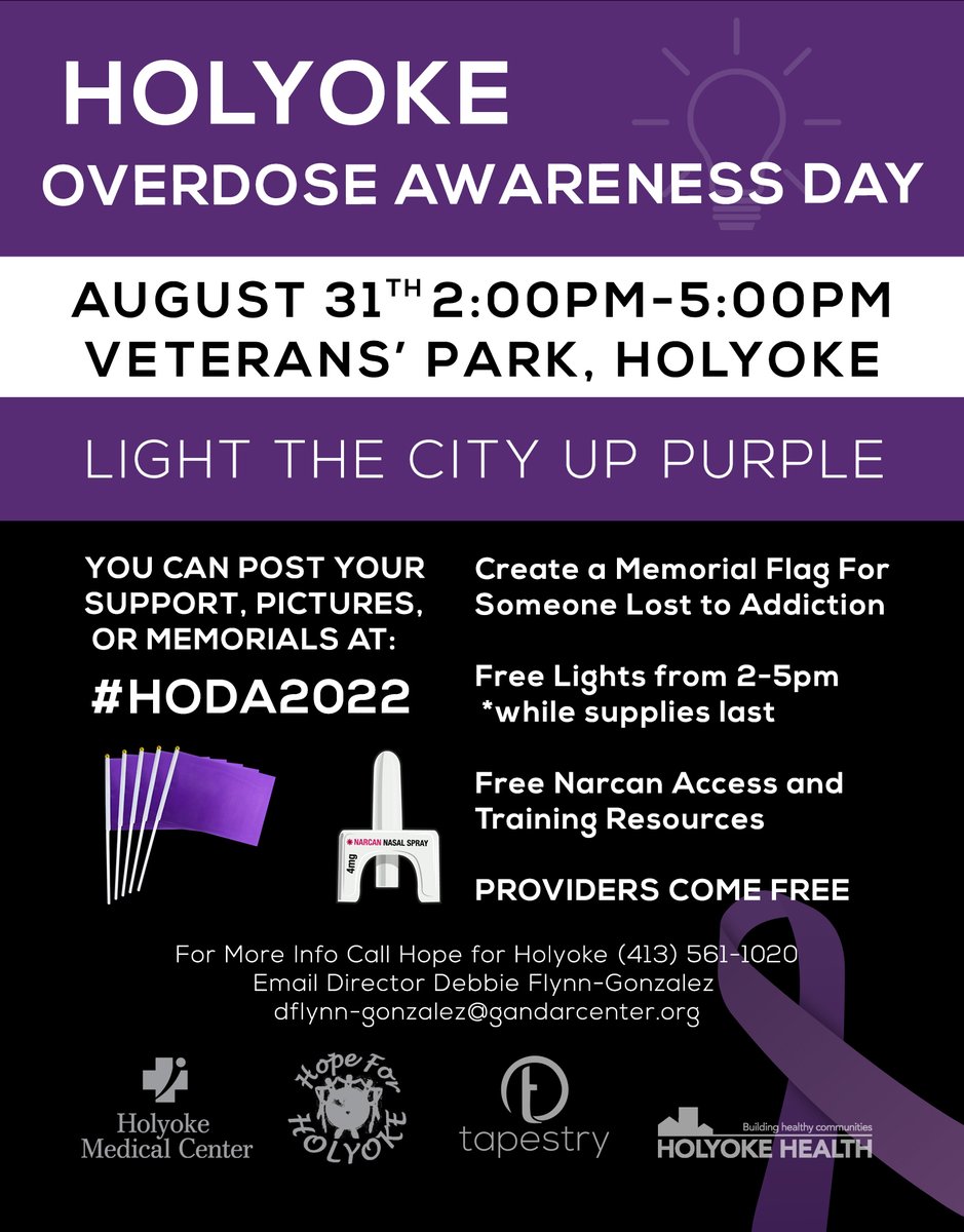 TapestryWMass's tweet photo. Commemorate Overdose Awareness Day in Holyoke at Veterans' Park from 2-5pm as we light the city up purple. Create a memorial flag for someone lost to addiction, get free training, access to Narcan, and free lights while supplies last. @HolyokeCtr @HMCHospital @HolyokeHealth https://t.co/hxl92eWez1