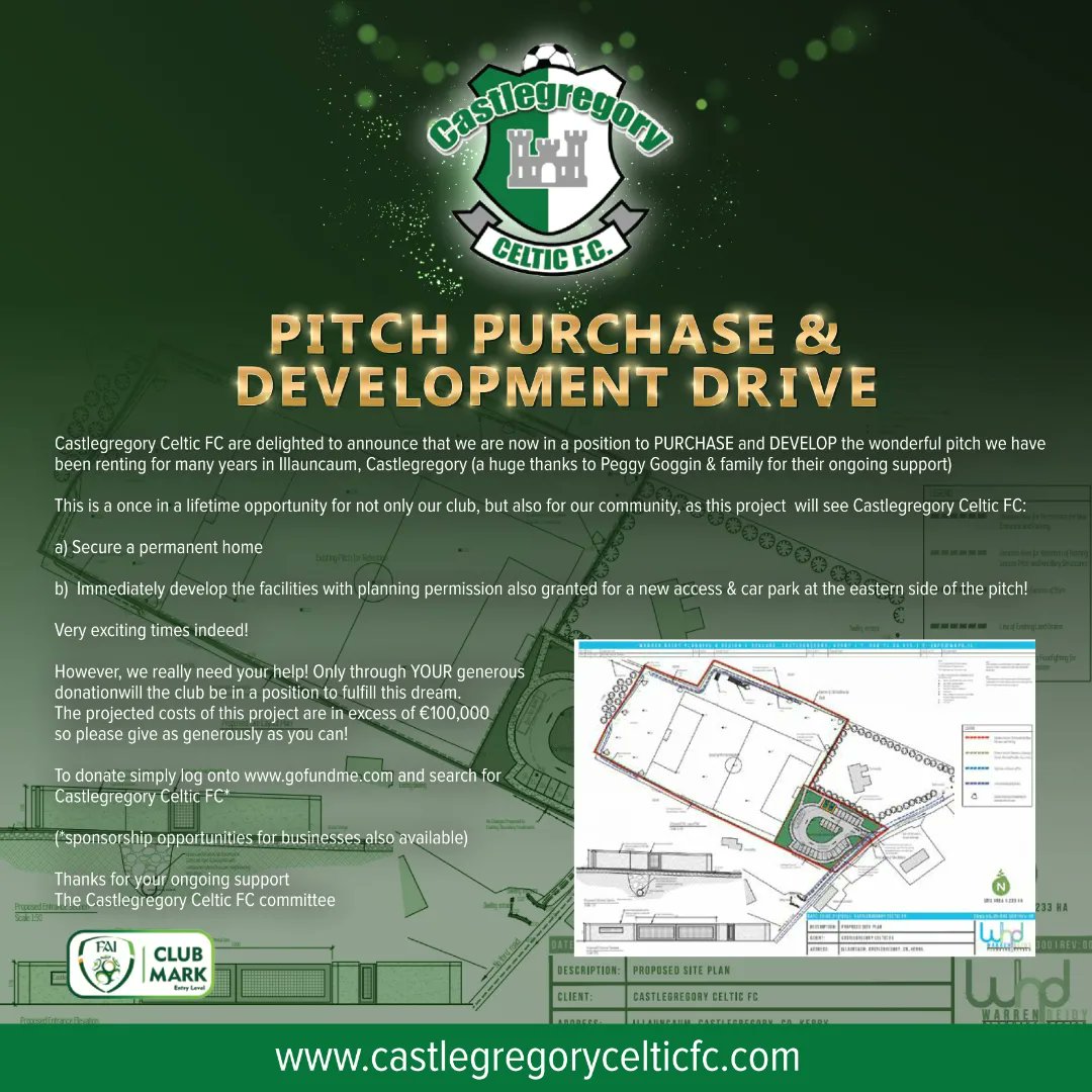 CastleCeltic_FC's tweet photo. 🚨 OFFICIAL ANNOUNCEMENT 🚨
PITCH PURCHASE AND DEVELOPMENT Fundraising drive: https://t.co/HWuTy5Hwo2 
We are absolutely delighted to finally announce we are now in a position to PURCHASE and DEVELOP our pitch which we have rented for many years at Illauncaum, Castlegregory!! https://t.co/1syD2qv33d