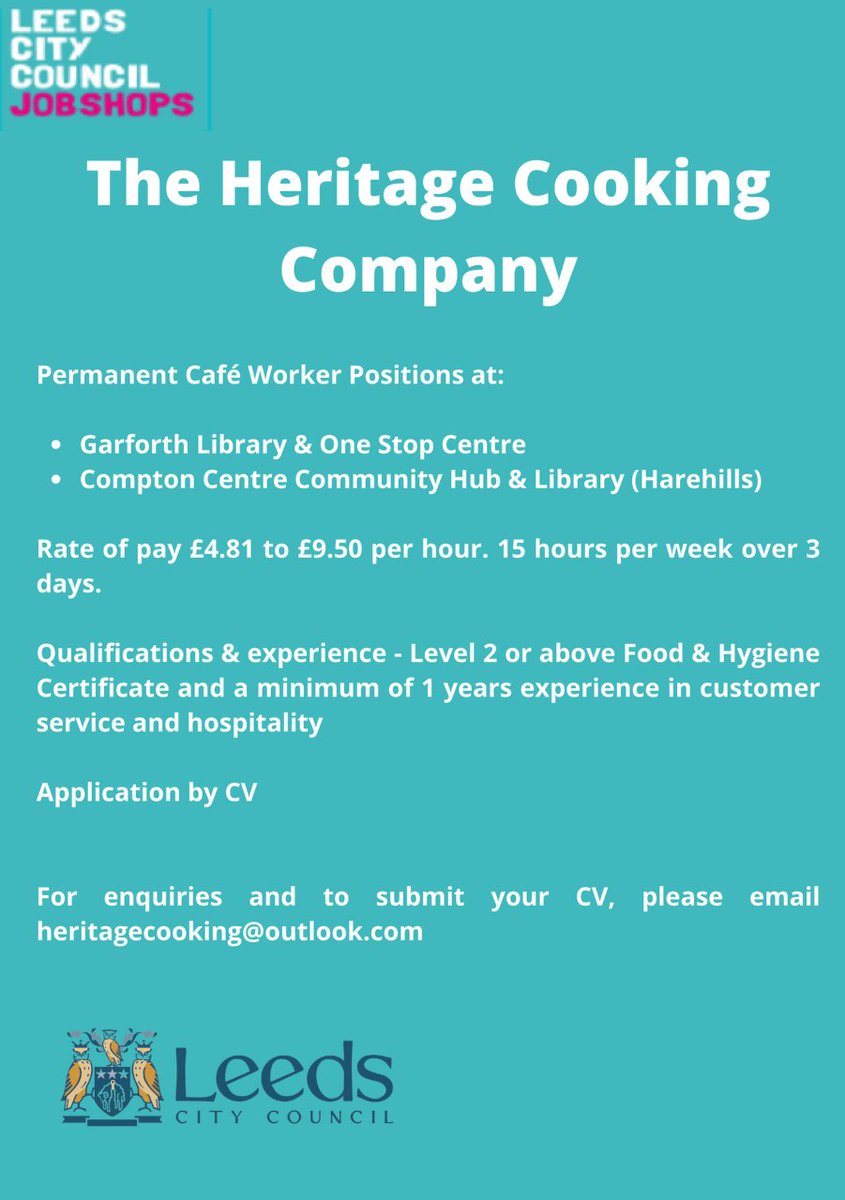 GarforthOSCLib's tweet photo. Opportunities to work in the café in Garforth Library and One Stop Centre https://t.co/JsmDqmohhQ