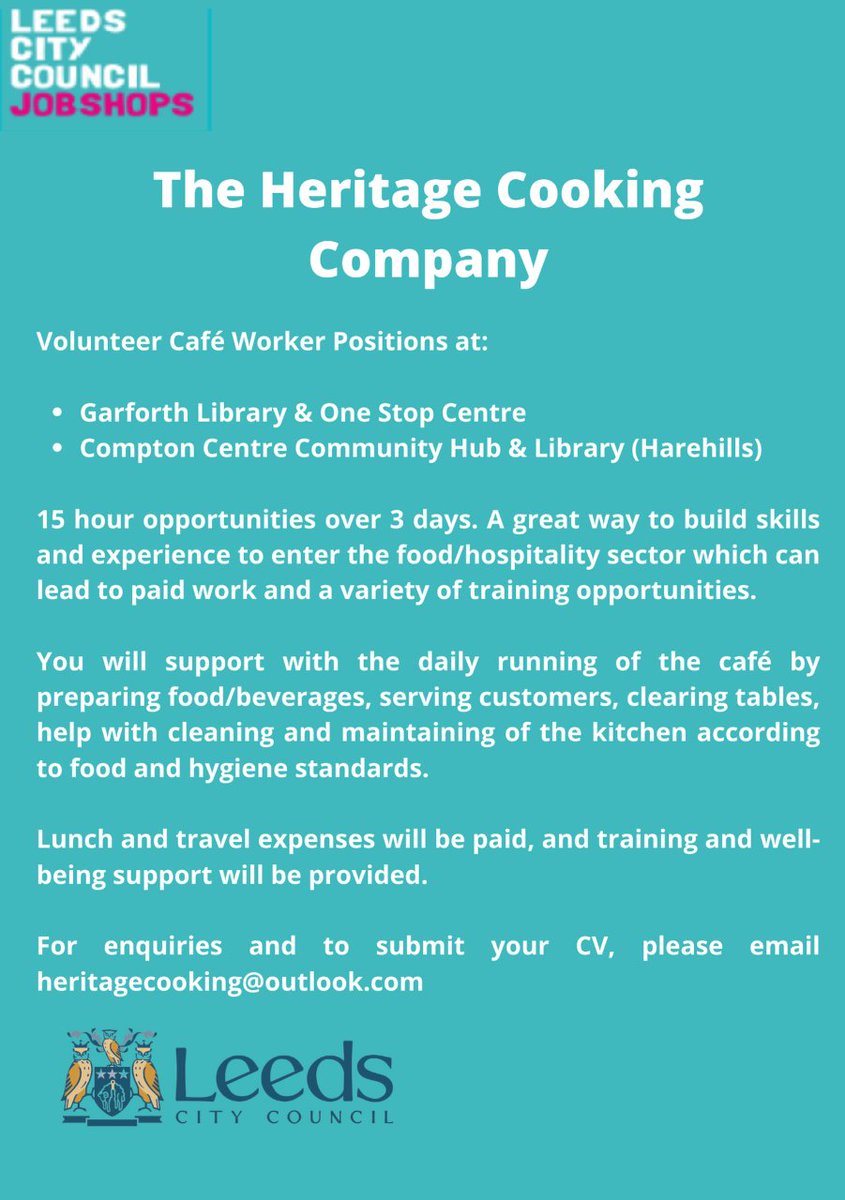 GarforthOSCLib's tweet photo. Opportunities to work in the café in Garforth Library and One Stop Centre https://t.co/JsmDqmohhQ
