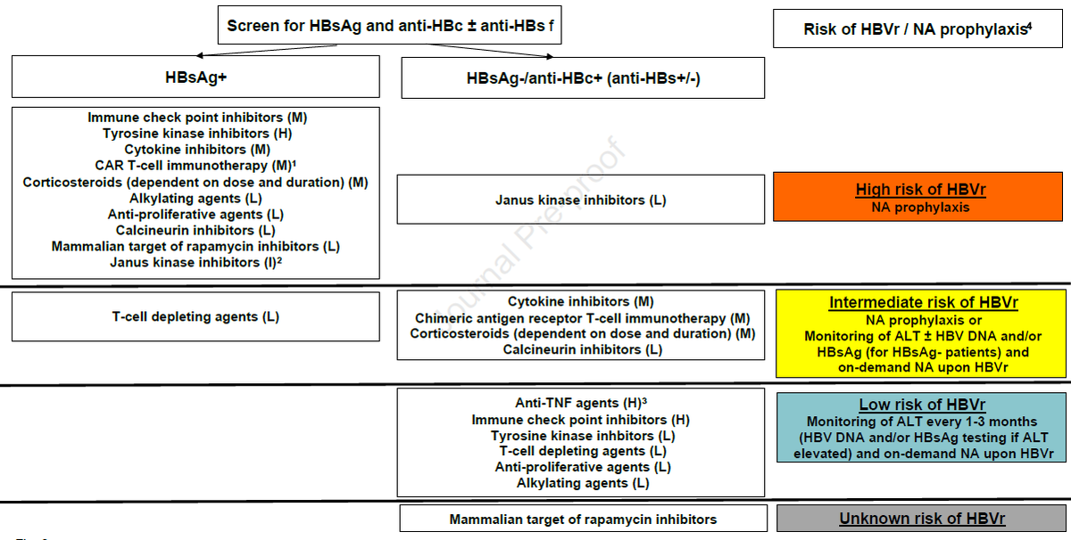 ebtapper's tweet photo. Sweet paper on hep B reaction alert

Which immunosuppressants are high risk? 
Who needs antiviral prophylaxis? 

1⃣Check surface ag, surface ab, core ab prior to treatment
2⃣PPx for JAKi
3⃣Monitor or Ppx for T-cell depleters 
4⃣Monitor others
https://t.co/2xjp9hSV9Q #livertwitter https://t.co/tMT35OAhtZ