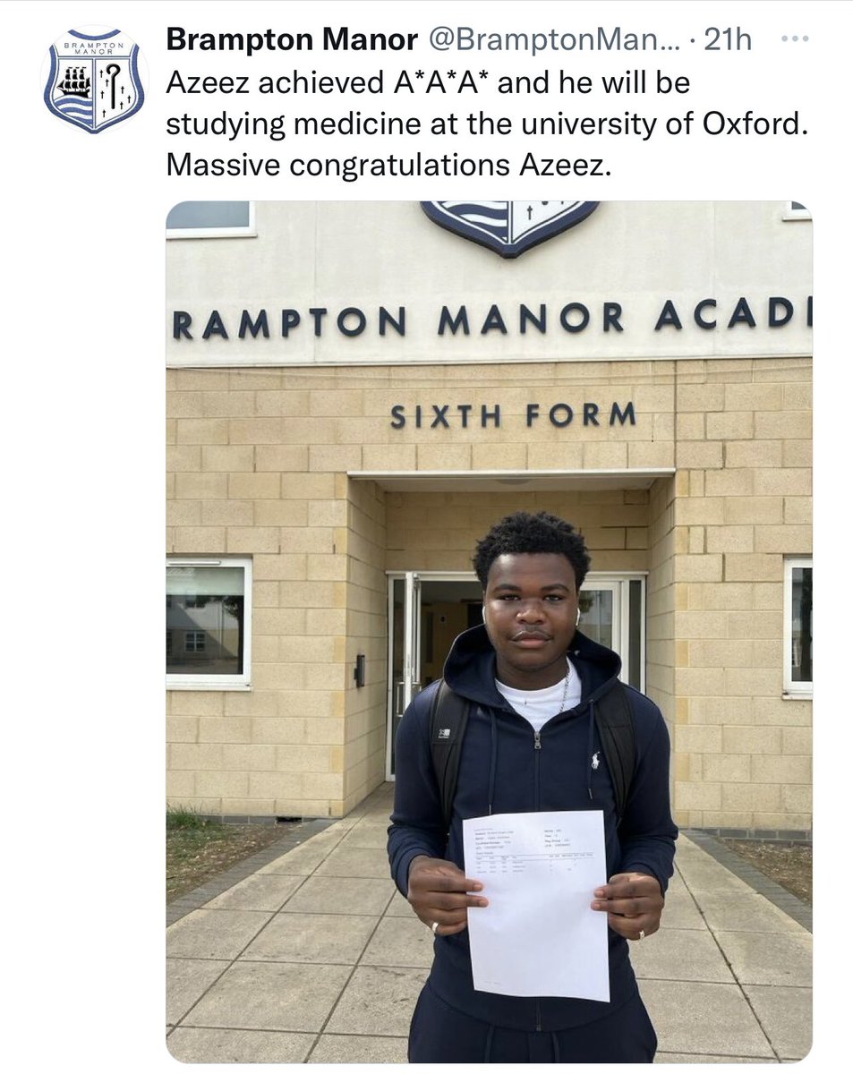 Brampton Manor, a state school in East London, sent 51 pupils to Oxbridge in 2020 and 55 in 2021 – more than Eton.
This year, 85 students have secured places at Oxford and Cambridge 👏🏾#ALevelResultsDay2022 

metro.co.uk/2022/08/18/a-l…