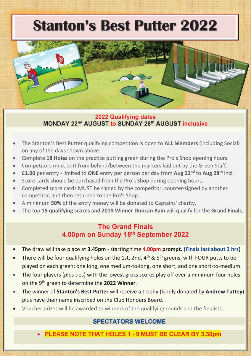 STANTON'S BEST PUTTER 2022 STARTS THIS MONDAY.

We look forward to as many entries as possible for this illustrious name on the board competition.

Further details are on the poster.

Good luck!