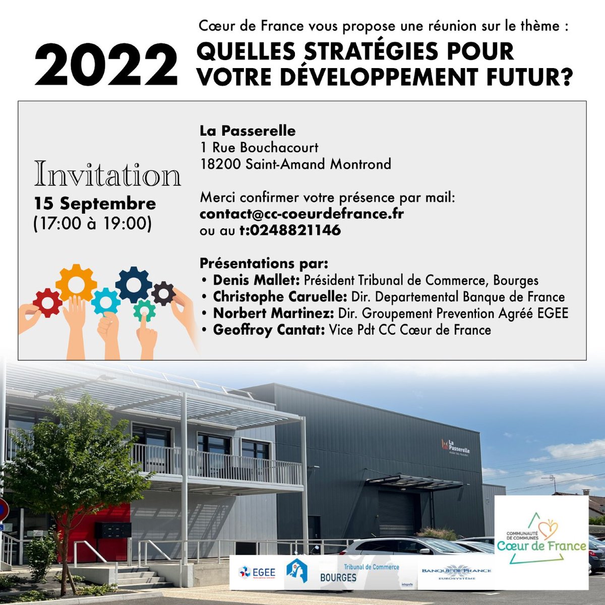 CCcoeurdefrance's tweet photo. Les entreprises du territoire sont conviées par la Communauté de communes Cœur de France le jeudi 15 septembre à 17h à La Passerelle - Atelier des réussites, 1 rue Bouchacourt à Saint-Amand-Montrond, pour une réunion qui abordera les problématiques de fin d’année. https://t.co/T5aaDVqQsa