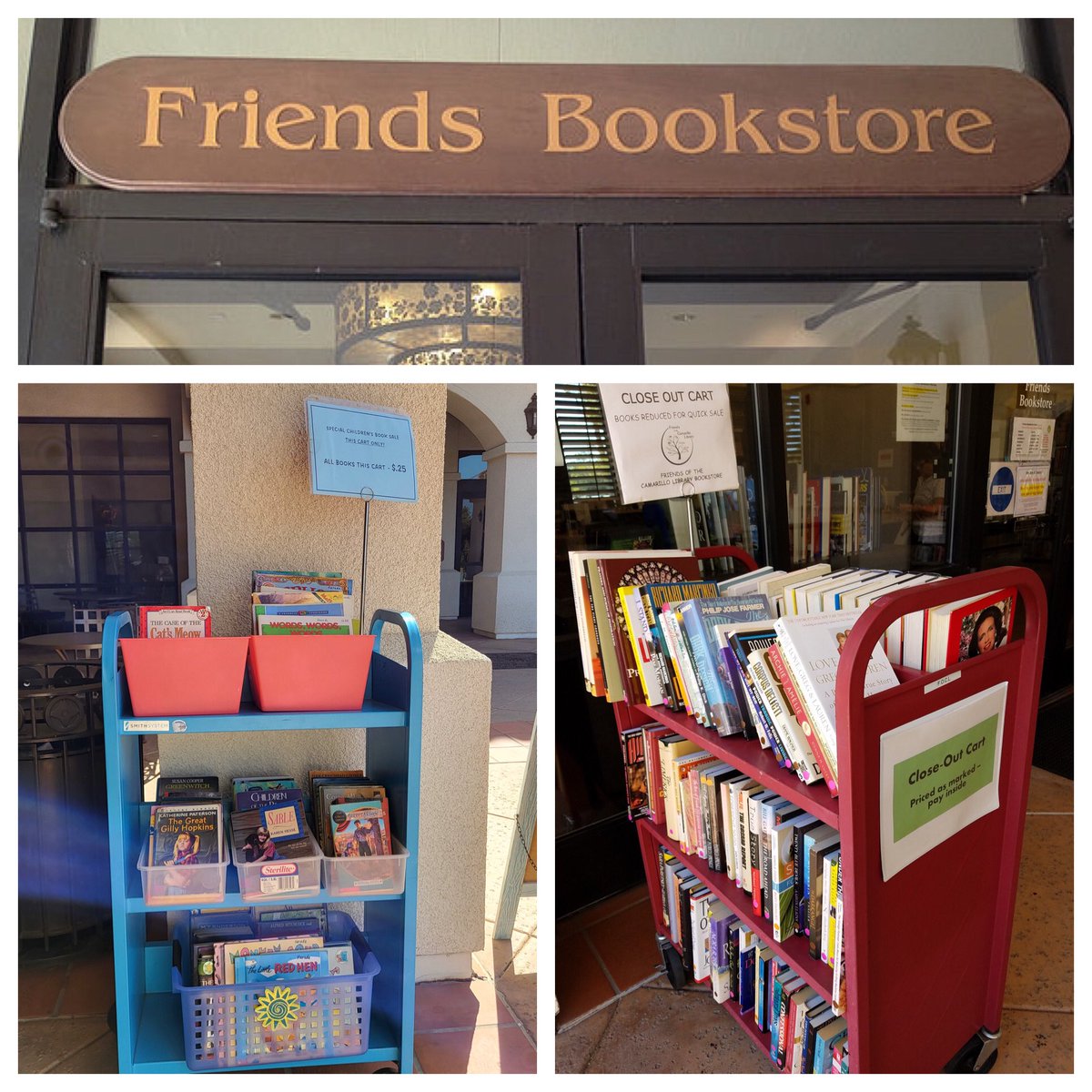 camarillobooks's tweet photo. Look for the Red Adult Book Cart and the Blue Children's Book Cart outside Friends Bookstore for discounted gently used books. 

#friendsofthecamarillolibrary #nonprofit #volunteers #camarillo #friendsbookstore #read #books #bookstore #shopforbooks #friendsofthelibrary https://t.co/2xIuO3X0P3