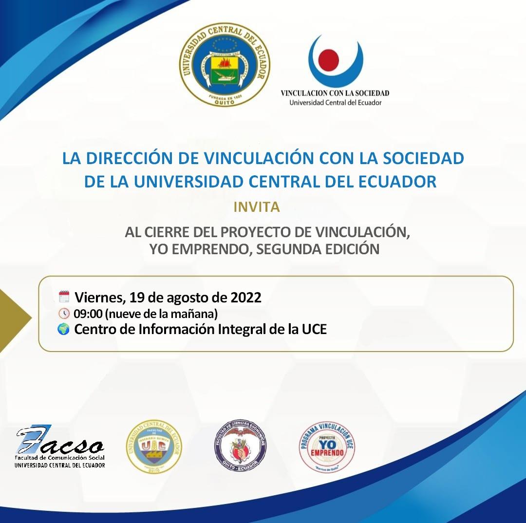 HOY| <a href="/YoEmprendoUCE/">YoEmprendoUCE</a> de la <a href="/lacentralec/">Universidad Central del Ecuador</a>, invitan al evento de cierre de su #2daEdicion. También puedes seguir la transmisión de este evento por nuestro canal de YouTube: Yo Emprendo UCE 👇
<a href="/DVSUCE/">Dirección de Vinculación con la Sociedad UCE</a>
<a href="/ucefacso/">FACSO - UCE</a>
Transmisión: youtube.com/channel/UCXfVc…