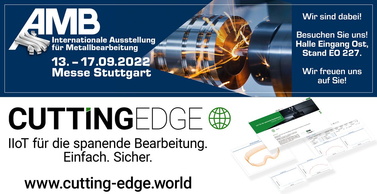 Wir stellen auf der #AMB22 vom 13. – 17.9.2022 am Stand EO227 unsere #CuttingEdgeWorld vor. Informieren Sie sich über unseren Optimierungsansatz durch #InlineQualitätskontrolle, #digitaleZwillinge und weitere Themen. 
Vereinbaren Sie ein Termin mit uns: bit.ly/3T0ND6z
