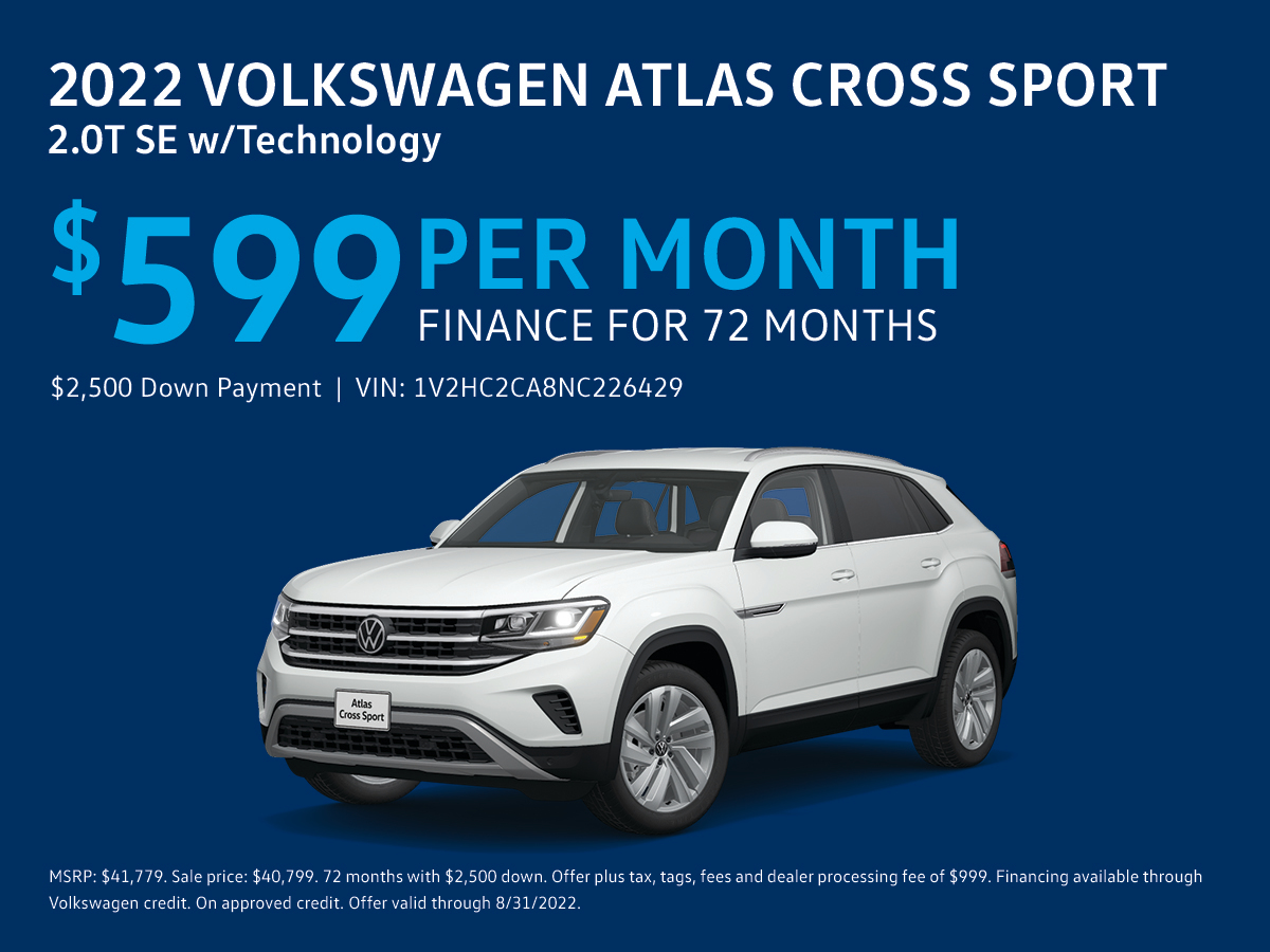 Bring home a brand new 2022 Volkswagen Atlas Cross Sport for only $599/month for 72 months with Brown's Richmond Volkswagen! Visit our site today to get started: bit.ly/3QuMQJB

*Offer Valid Through 8/31/22.