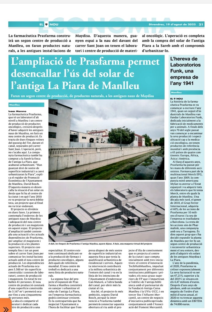 El projecte d'ampliació #Prasfarma publicat avui. Gràcies @el9nou per fer-vos-en ressò! #reindustrialitzem #Manlleu. @ajManlleu @OPEManlleu @JuntsxManlleu