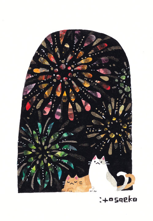 「【Creema】絵画「花火を眺める窓辺のネコたち」他3点新作追加しました(=Фω」|itosaekoのイラスト