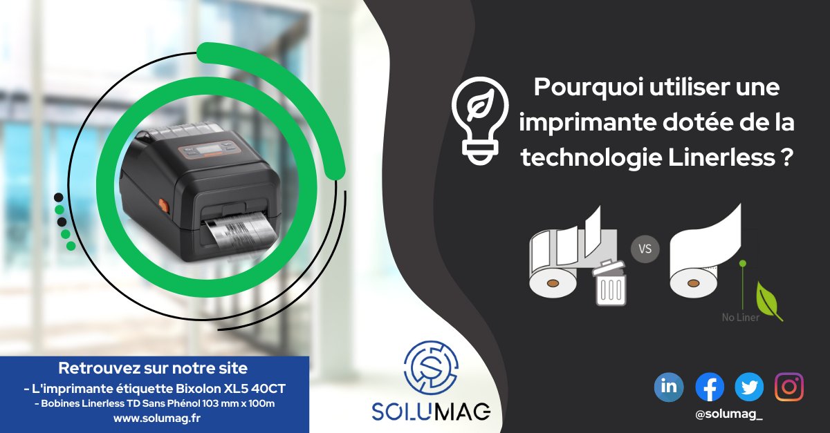 Solumag's tweet photo. 📍 Chez Solumag, nous portons intérêt aux technologies écoresponsables, c’est pourquoi nous proposons sur notre site e-commerce une Bobine d’étiquettes Linerless (sans bande adhésive) ainsi que l’imprimante étiquette Bixolon XL5 40CT adaptée pour cette technologie. https://t.co/A91iRgAFRL