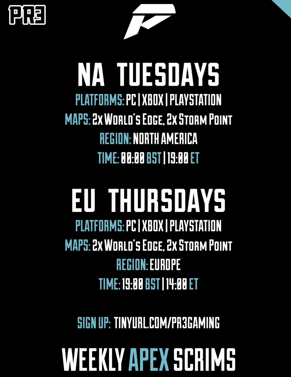 PR3GAMING's tweet photo. PR3 GAMING Weekly @PlayApex Scrims are coming your way next week, starting August 23rd! 🤩

🇺🇸 NA TUESDAYS: Every Tuesday at 19:00 ET
🇬🇧 EU THURSDAYS: Every Thursday at 19:00 BST

Free for all to join and participate weekly. Hope to see you in the lobby!

More info below 👇 https://t.co/ahOZ6VZps8