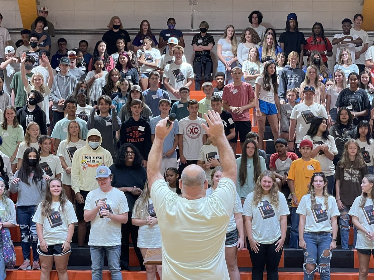 OrangeHS_NC's tweet photo. The first session of the 22/23 Freshman Orientation is underway as Mr Montgomery takes the students through some fun activities to get everyone moving and excited! https://t.co/0XSHNHneJs
