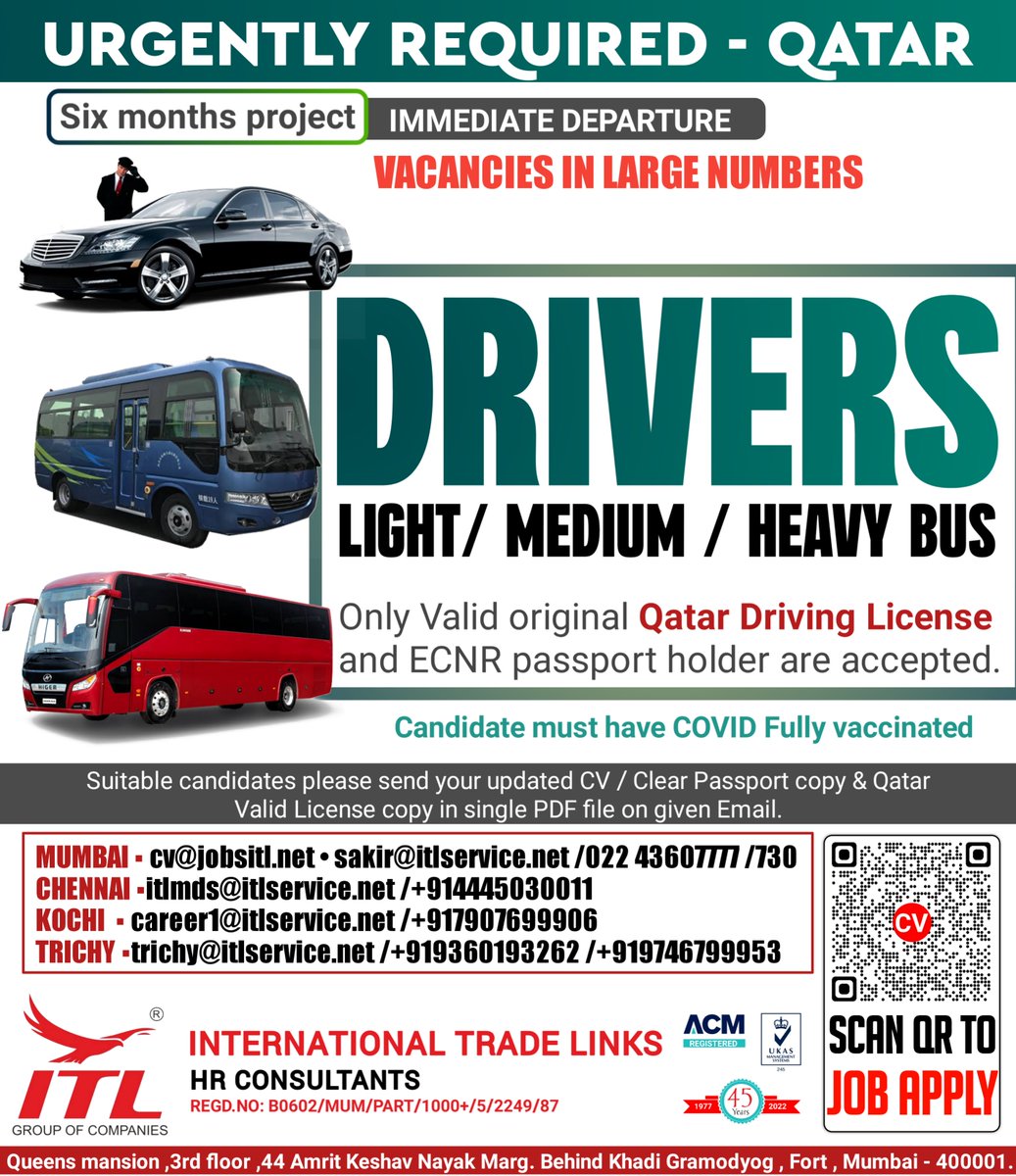 ItlJobs's tweet photo. JOB VACANCY FOR #qatar
CLICK ON LINK TO APPLY JOB > https://t.co/t4H7Iy9eMZ
Learn more :
https://t.co/fvjIBtXhti
#qatartjobs #qatarjobseekers #driverjobs #cardrive #mediumdriver #lighdriver #busdriver #qatardriver #driverjobs #itl #trade #career #jobhunt #oilandgas #supervisor https://t.co/fQ4BWqm5Ql
