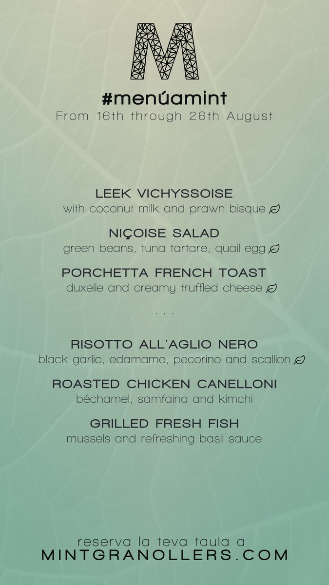 mintgranollers's tweet photo. El #menúamint d'aquesta setmana: Del 16 al 26 d'Agost
El #menúenmint de esta semana: Del 16 al 26 de Agosto
This week's #setlunchmenu: From 16th through 26th August
Le #menúamint de cette semaine: Du 16 au 26 août
#mint #restaurant #granollers https://t.co/CkTwIF9Huc