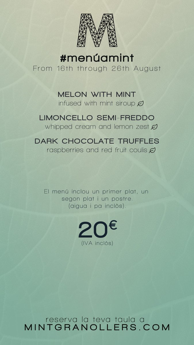 mintgranollers's tweet photo. El #menúamint d'aquesta setmana: Del 16 al 26 d'Agost
El #menúenmint de esta semana: Del 16 al 26 de Agosto
This week's #setlunchmenu: From 16th through 26th August
Le #menúamint de cette semaine: Du 16 au 26 août
#mint #restaurant #granollers https://t.co/CkTwIF9Huc