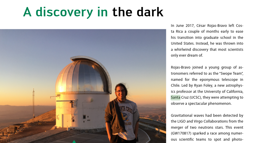 LIGOMagazine's tweet photo. Looking back to 2017, the discovery of GW170817 marked the dawn of the #multimessenger era.
We heard all about César Rojas-Bravo’s first hand experience with the #SwopeTeam @ucsc in “A Discovery in the Dark” by @LaraGStreiff (page 32) https://t.co/nQM2w4o2LN