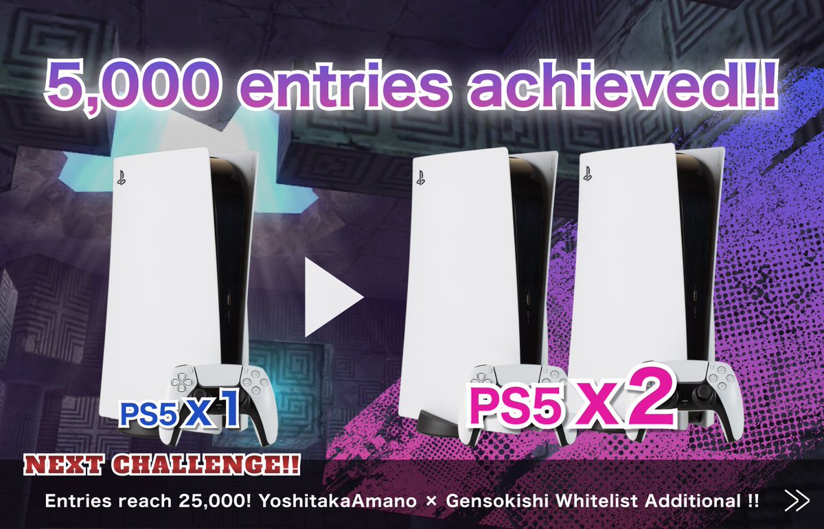 SamuraiGG_EN's tweet photo. 🏆 Successfully reached 5,000 entries 🏆
【Next Challenge➡️25,000 entries】
 
 Thanks to your participation, we have reached 5,000 entries! The number of PlayStation5 winners is now 2 people! 🎁
 
Next, the number of winners will be 4! 🔥
 https://t.co/RQNSpmyhUZ
 #GleamGiveaway https://t.co/ndAetsjRJ0