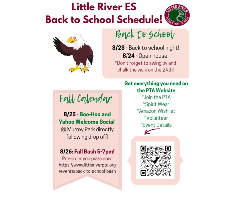 We hope you can join us for our Welcome Back parent social Thursday morning and our Back to School Bash on Friday night! If you enjoy all the PTA does inside and outside the school please consider joining! learn more at: littleriverpta.org #LRElem @LittleRiverLCPS