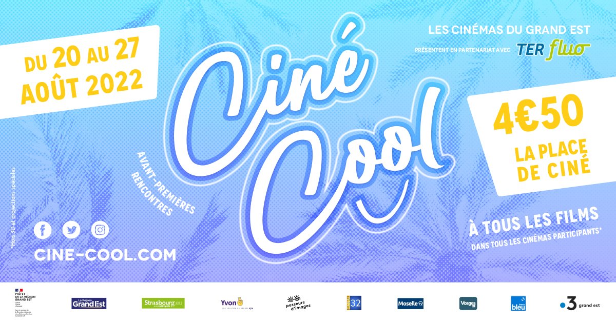 😎 Du 20 au 27 août, c'est parti pour @Ciné-Cool ! 🎬 4,50€ la place de ciné pour tous les films, dans tous les cinémas participants ! 🎥 Pour retrouver toutes les salles participantes et la liste des films 👉 cine-cool.com