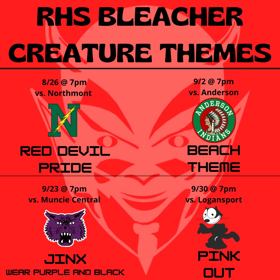 Bleacher Creature Themes for this year! Please share. 
Tailgate dates and times are to be determined. 
<a href="/RHSRedDevils/">Richmond Athletics</a> <a href="/LearnatRHS/">Richmond High School</a>